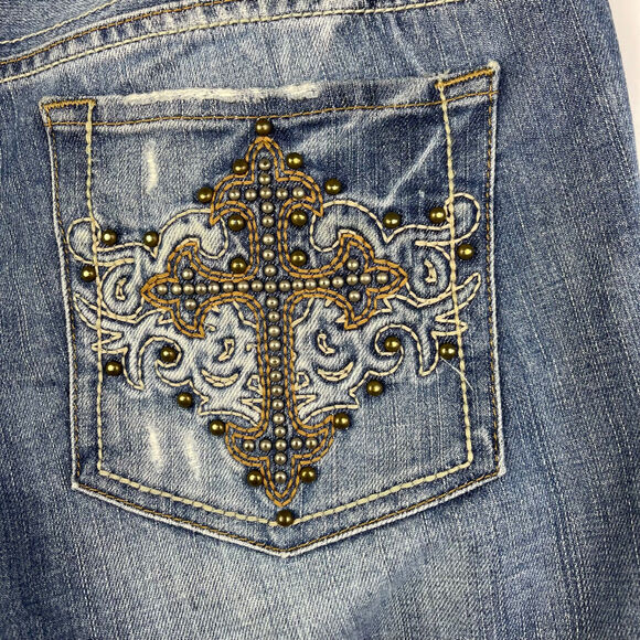 Guess Daredevil Bootcut Denim Jeans Cross Embellished Pockets Women's Sz 31 - Picture 6 of 12